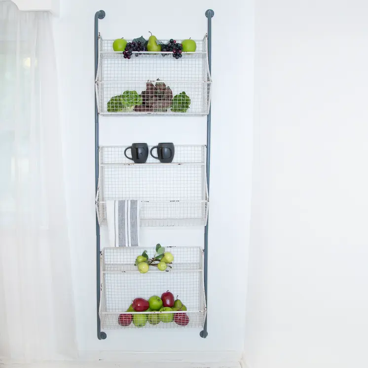 24" White And Gray Metal Baskets Wall Mounted Cubby Shelf