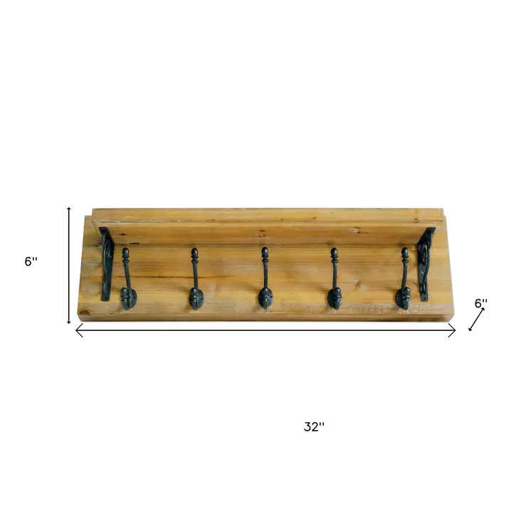 6" Black And Brown Metal And Solid Wood Five Hook Wall Mount Coat Rack
