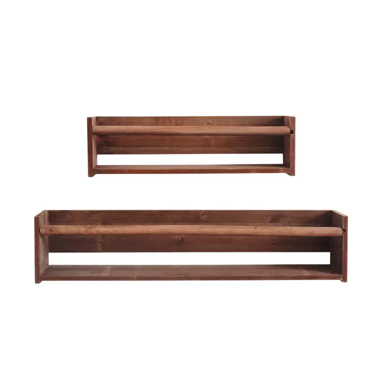 Set Of Two Brown Wood Wall Mounted Floating Shelves