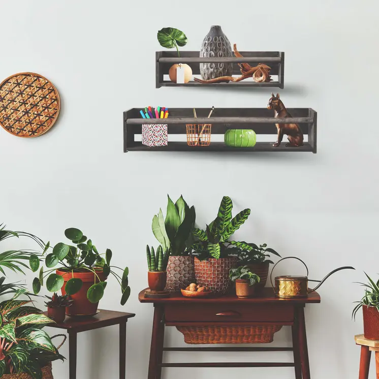 Set Of Two Gray Wood Wall Mounted Floating Shelves