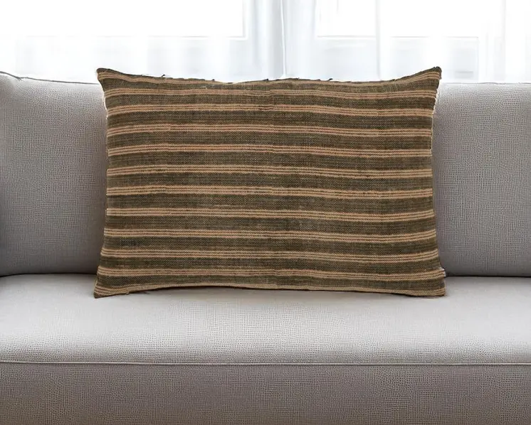 16" X 24" Cool Gray And Beige Lumbar Striped Jute Throw Pillow