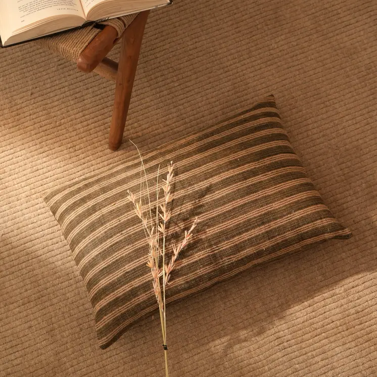16" X 24" Cool Gray And Beige Lumbar Striped Jute Throw Pillow