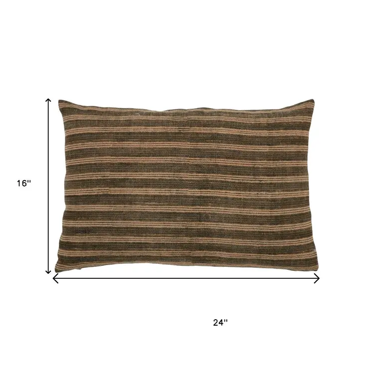 16" X 24" Cool Gray And Beige Lumbar Striped Jute Throw Pillow