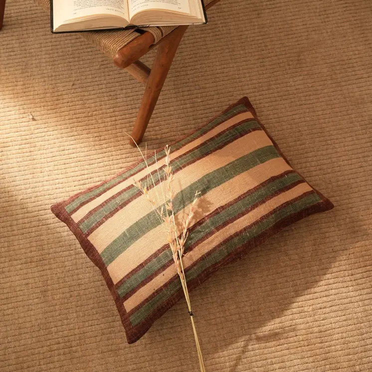16" X 24" Beige And Brown Lumbar Striped Jute Throw Pillow