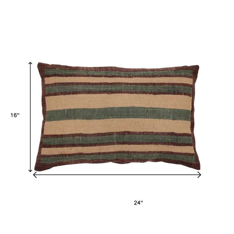 16" X 24" Beige And Brown Lumbar Striped Jute Throw Pillow