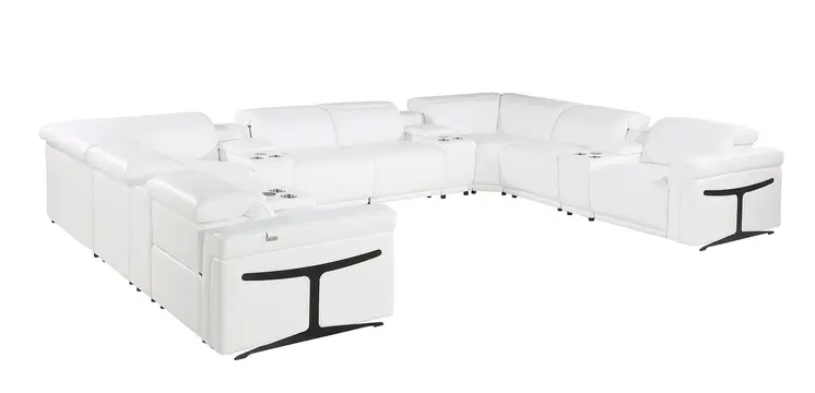 White Italian Leather Power Reclining U Shaped Twelve Piece Sectional With Console