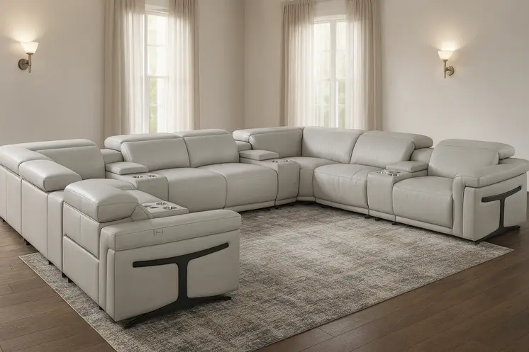 Light Gray Italian Leather Power Reclining U Shaped Twelve Piece Sectional With Console