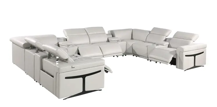 Light Gray Italian Leather Power Reclining U Shaped Twelve Piece Sectional With Console