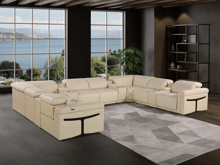 Beige Italian Leather Power Reclining U Shaped Twelve Piece Sectional With Console