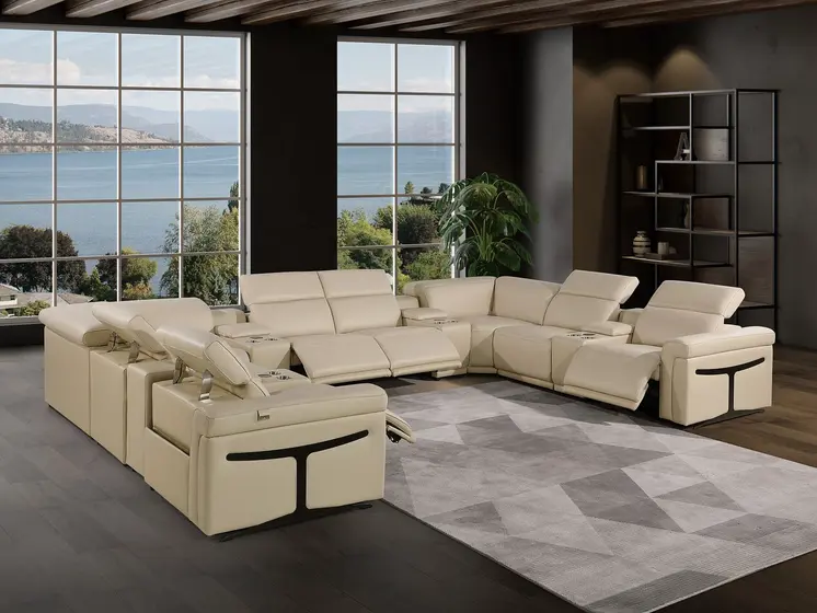 Beige Italian Leather Power Reclining U Shaped Twelve Piece Sectional With Console