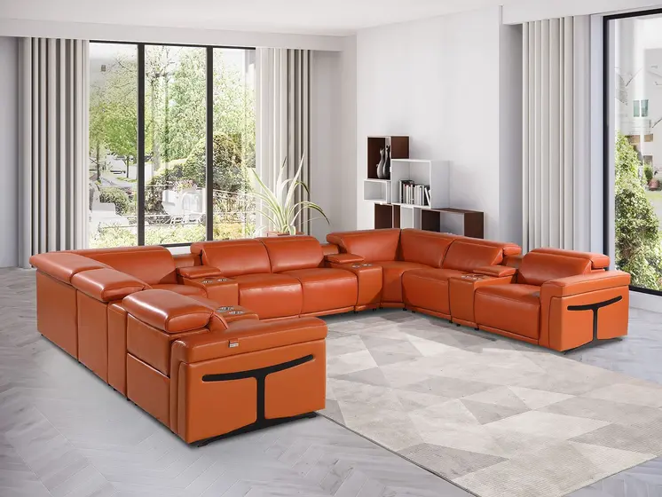 Camel Italian Leather Power Reclining U Shaped Twelve Piece Sectional With Console