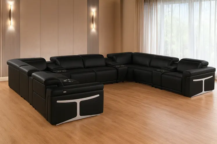 Black Italian Leather Power Reclining U Shaped Twelve Piece Sectional With Console