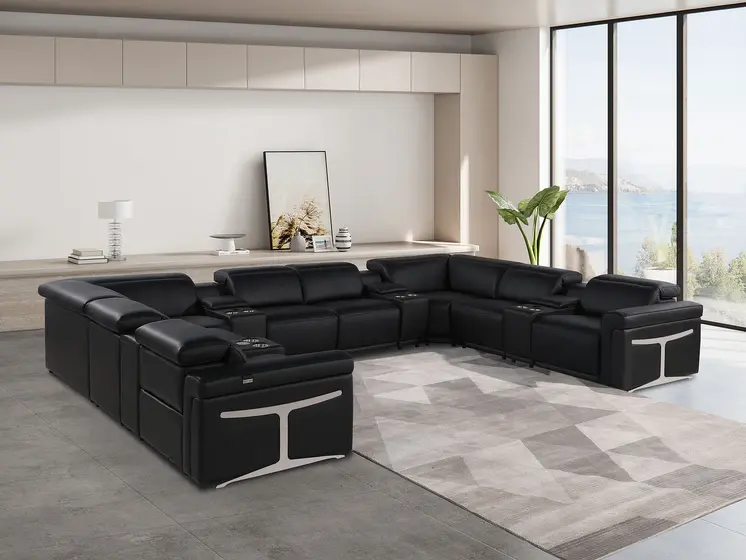 Black Italian Leather Power Reclining U Shaped Twelve Piece Sectional With Console