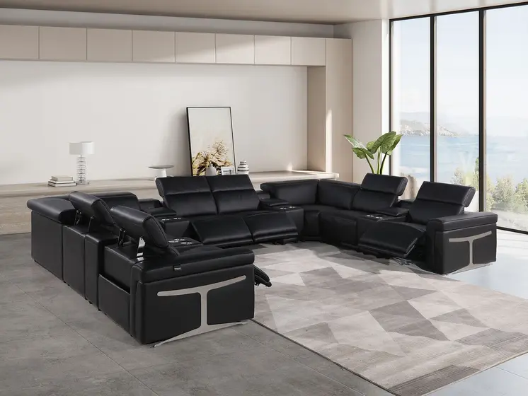 Black Italian Leather Power Reclining U Shaped Twelve Piece Sectional With Console