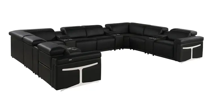 Black Italian Leather Power Reclining U Shaped Twelve Piece Sectional With Console