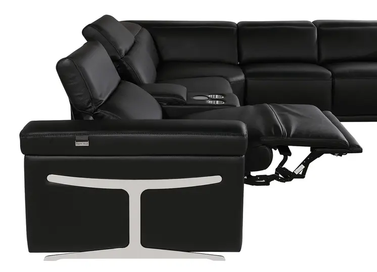 Black Italian Leather Power Reclining U Shaped Twelve Piece Sectional With Console