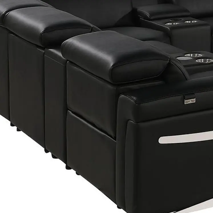 Black Italian Leather Power Reclining U Shaped Twelve Piece Sectional With Console