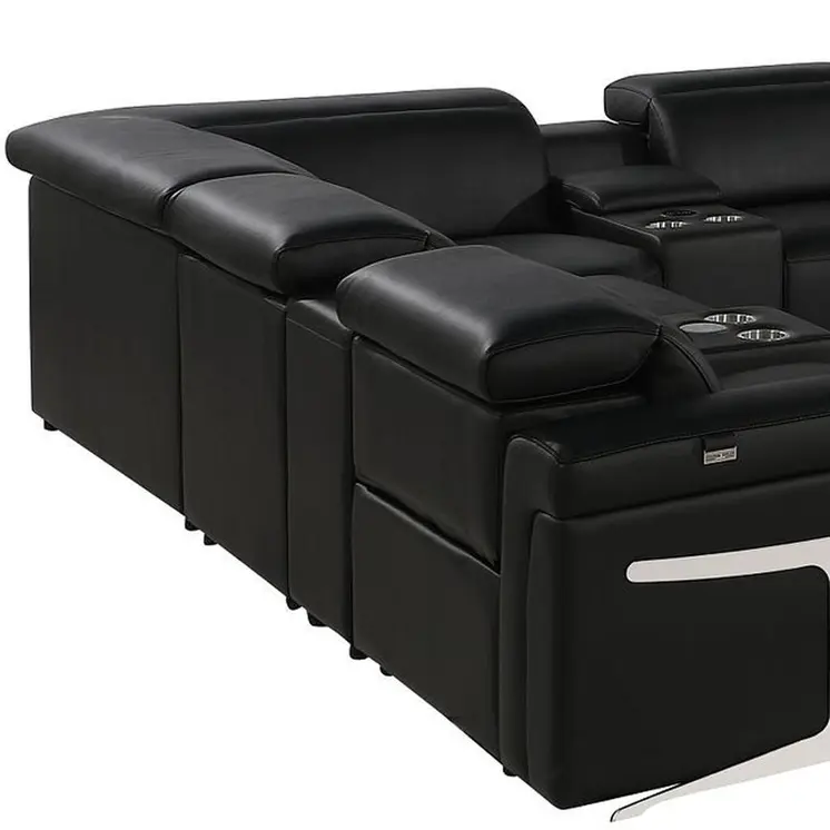 Black Italian Leather Power Reclining U Shaped Twelve Piece Sectional With Console