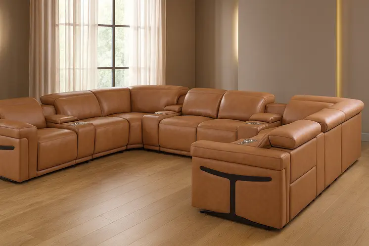 Chestnut Italian Leather Power Reclining U Shaped Twelve Piece Sectional With Console
