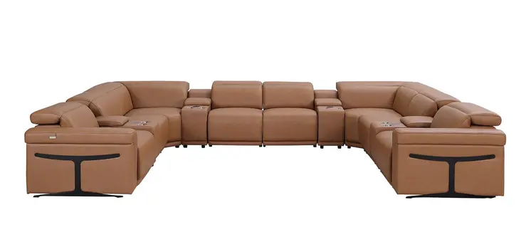 Chestnut Italian Leather Power Reclining U Shaped Twelve Piece Sectional With Console