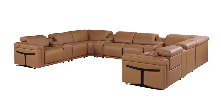 Chestnut Italian Leather Power Reclining U Shaped Twelve Piece Sectional With Console