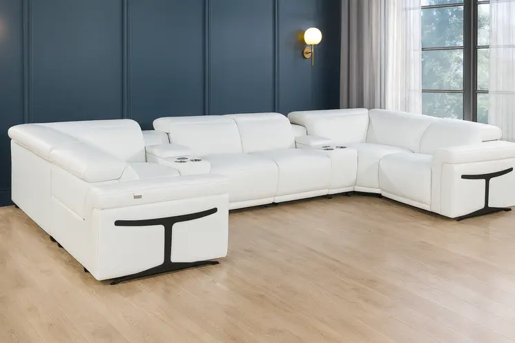 White Italian Leather Power Reclining U Shaped Eight Piece Sectional With Console