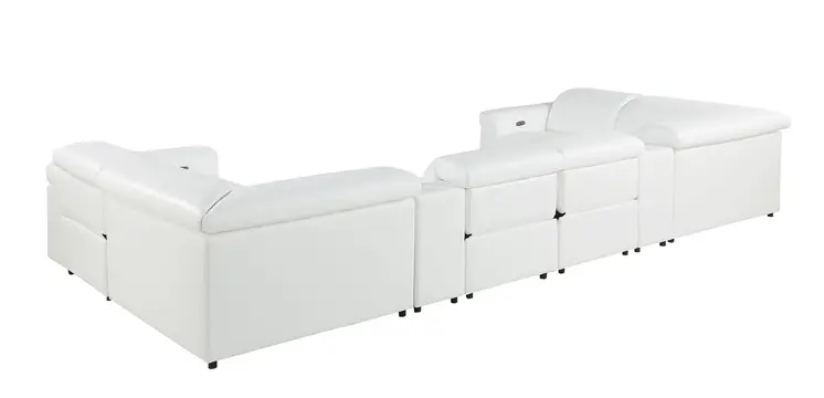 White Italian Leather Power Reclining U Shaped Eight Piece Sectional With Console