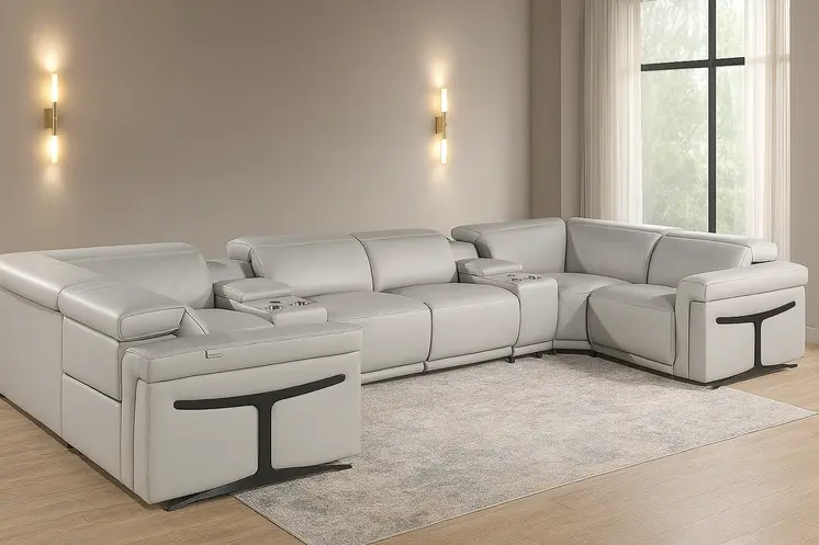 Light Gray Italian Leather Power Reclining U Shaped Eight Piece Corner Sectional With Console
