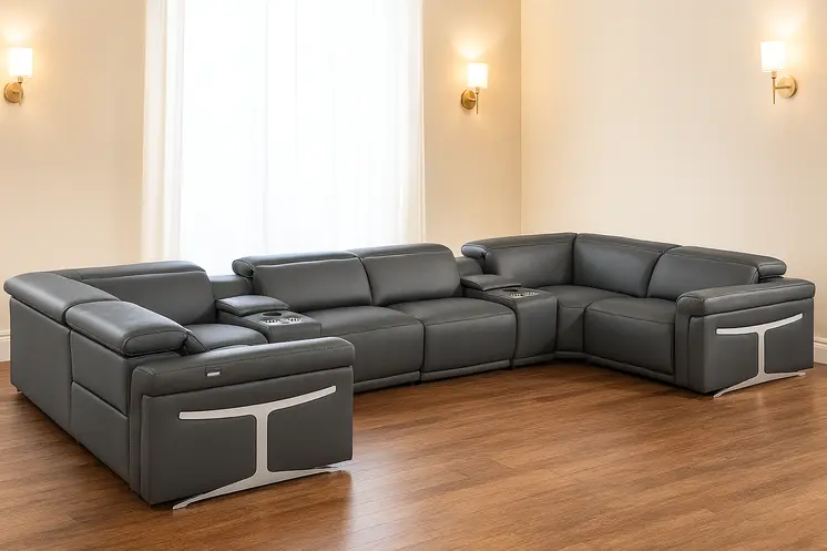 Dark Gray Italian Leather Power Reclining U Shaped Eight Piece Sectional With Console