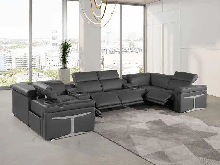 Dark Gray Italian Leather Power Reclining U Shaped Eight Piece Sectional With Console