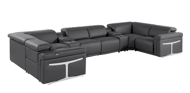 Dark Gray Italian Leather Power Reclining U Shaped Eight Piece Sectional With Console