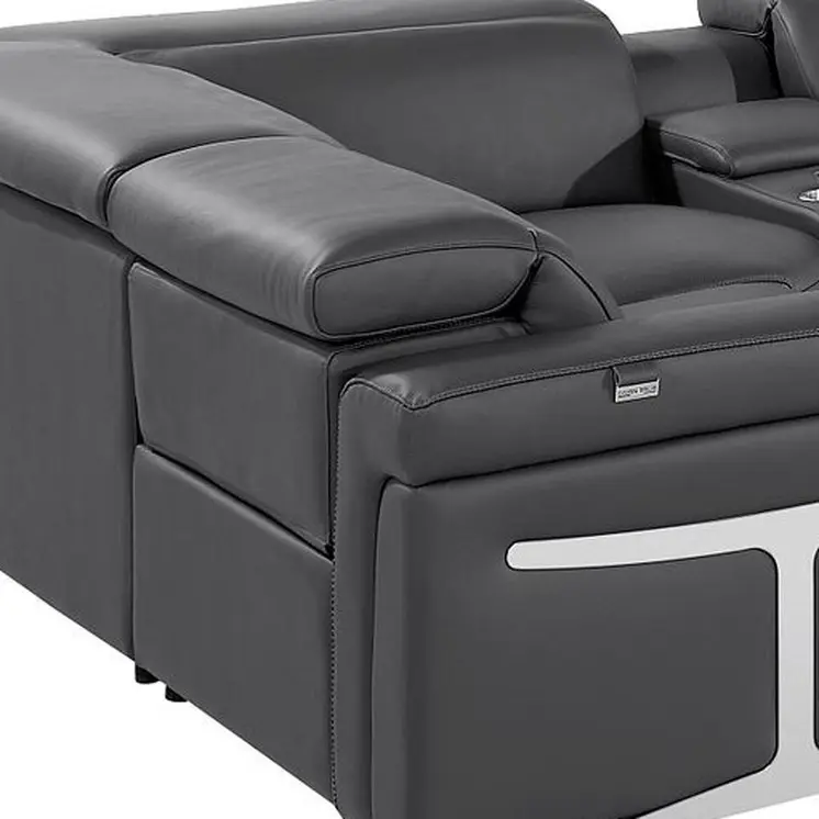 Dark Gray Italian Leather Power Reclining U Shaped Eight Piece Sectional With Console