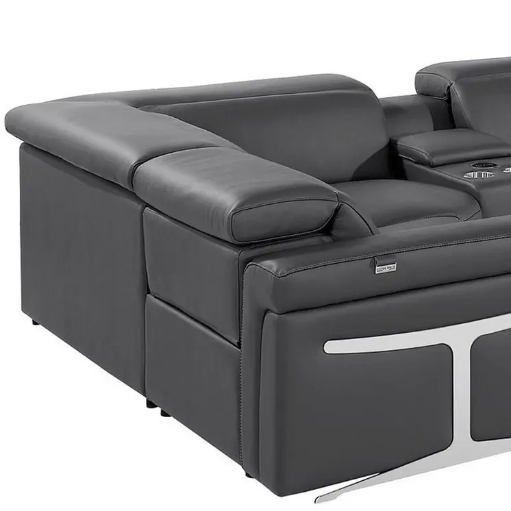 Dark Gray Italian Leather Power Reclining U Shaped Eight Piece Sectional With Console