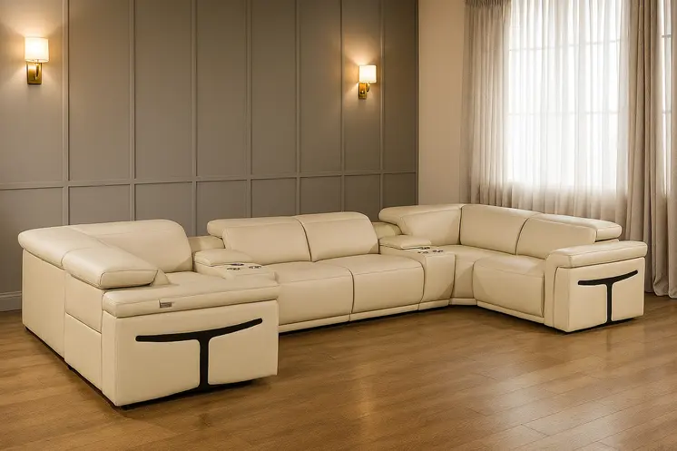 Beige Italian Leather Power Reclining U Shaped Eight Piece Sectional With Console