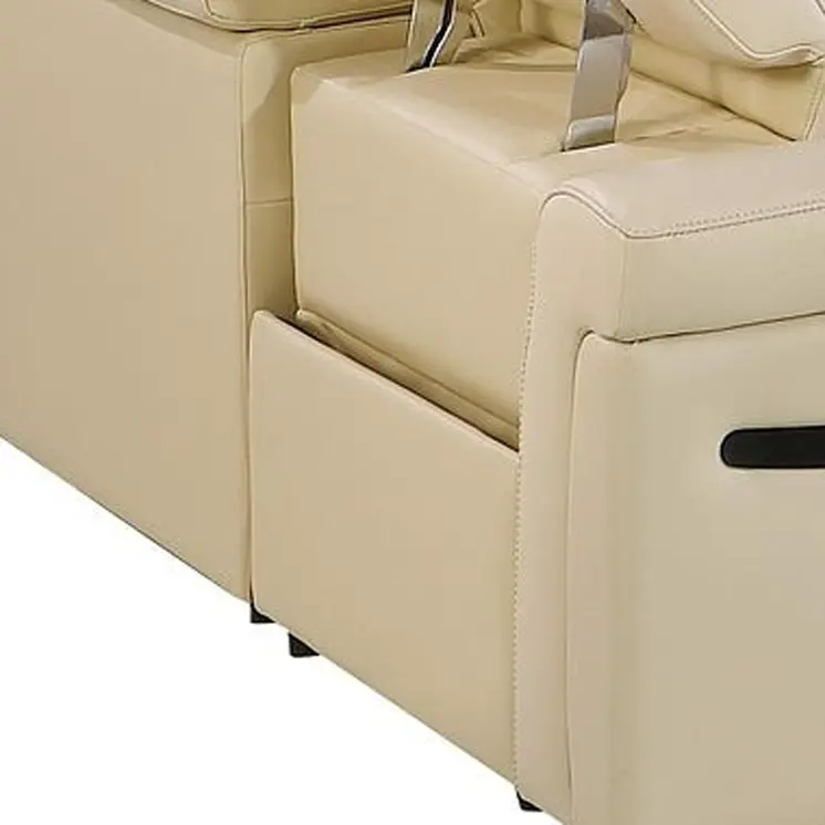 Beige Italian Leather Power Reclining U Shaped Eight Piece Sectional With Console