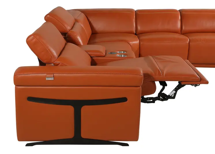 Camel Italian Leather Power Reclining U Shaped Eight Piece Sectional With Console