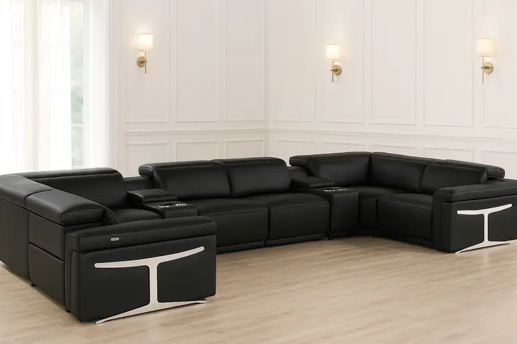 Black Italian Leather Power Reclining U Shaped Eight Piece Sectional With Console