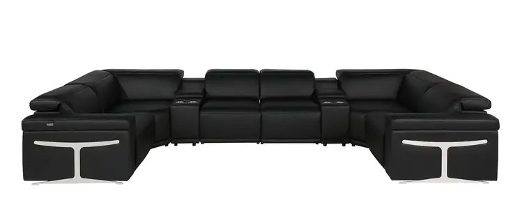 Black Italian Leather Power Reclining U Shaped Eight Piece Sectional With Console