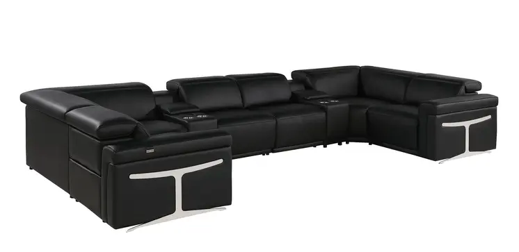 Black Italian Leather Power Reclining U Shaped Eight Piece Sectional With Console