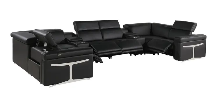 Black Italian Leather Power Reclining U Shaped Eight Piece Sectional With Console