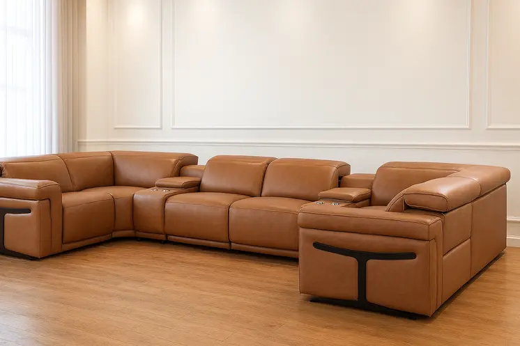 Chestnut Italian Leather Power Reclining U Shaped Eight Piece Sectional With Console