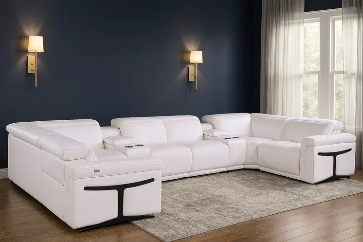 White Italian Leather Power Reclining U Shaped Eight Piece Corner Sectional With Console