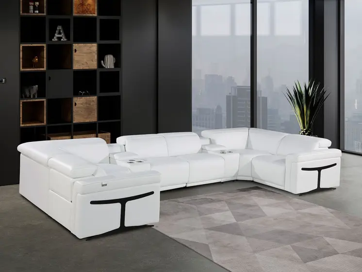 White Italian Leather Power Reclining U Shaped Eight Piece Corner Sectional With Console