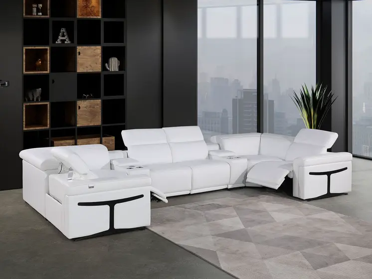 White Italian Leather Power Reclining U Shaped Eight Piece Corner Sectional With Console