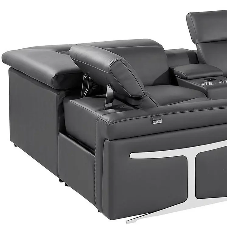 Dark Gray Italian Leather Power Reclining U Shaped Eight Piece Corner Sectional With Console