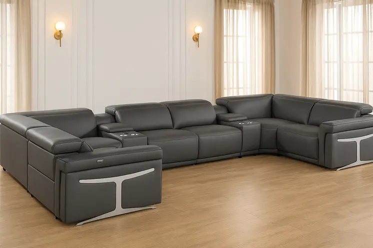 Dark Gray Italian Leather Power Reclining U Shaped Eight Piece Corner Sectional With Console