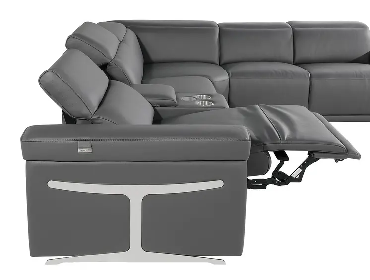 Dark Gray Italian Leather Power Reclining U Shaped Eight Piece Corner Sectional With Console