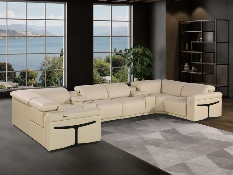 Beige Italian Leather Power Reclining U Shaped Eight Piece Corner Sectional With Console