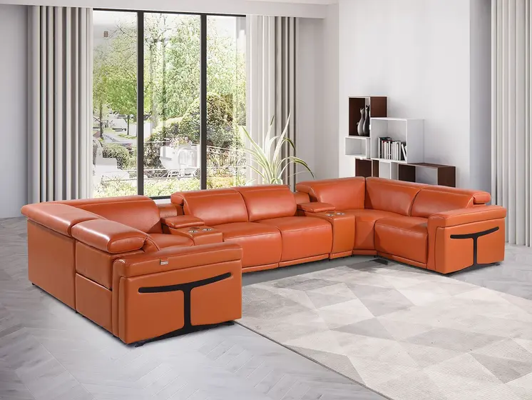 Camel Italian Leather Power Reclining U Shaped Eight Piece Corner Sectional With Console