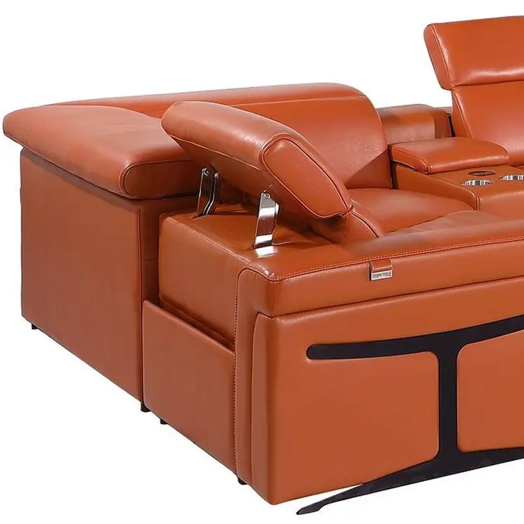 Camel Italian Leather Power Reclining U Shaped Eight Piece Corner Sectional With Console